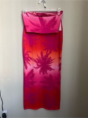 Women's Strapless Beach top and skirt Pink Ombre Palm